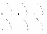 Diagrammatic representation of the first gastral tergite of Rhopalothrix, showing approximate disposition and shape of setae down the midline in profile view. A. R. apertor, R. plaumanni. B. R. subspatulata. C. R. nubilosa, R. weberi. D. R. isthmica, R. stannardi. E. R. atitlanica, R. therion. F. R. andersoni, R. megisthmica, R. triumphalis.